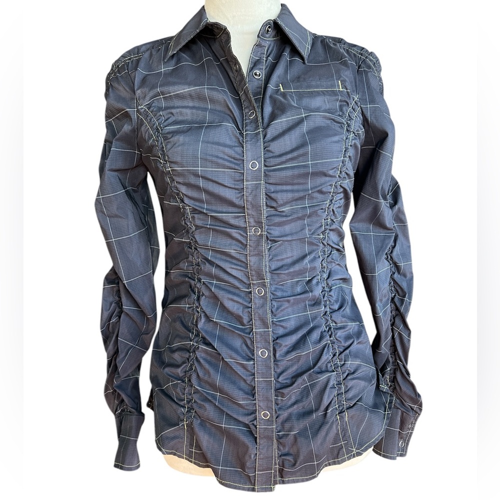 Athleta Womens Tulum Snap Button Shirt Black Plaid Ruched S